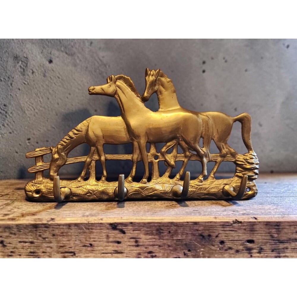 Brass Key Rack Wall Mounted w/ 4 Hooks Horses on Fence Line Western Old Money